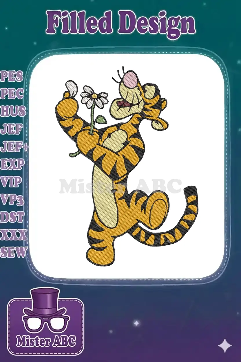 Vibrant Tigger machine embroidery design, standing playfully on one leg, holding a delicate white daisy.