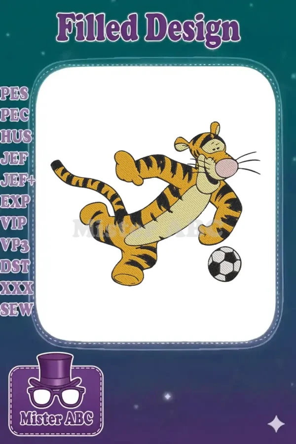 Vibrant Tigger embroidery design, playfully kicking a black and white soccer ball, ready for your next project.