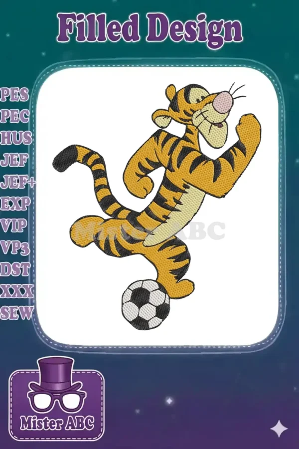 Vibrant Tigger embroidery design, mid-bounce with a soccer ball, full of energy and playful charm.