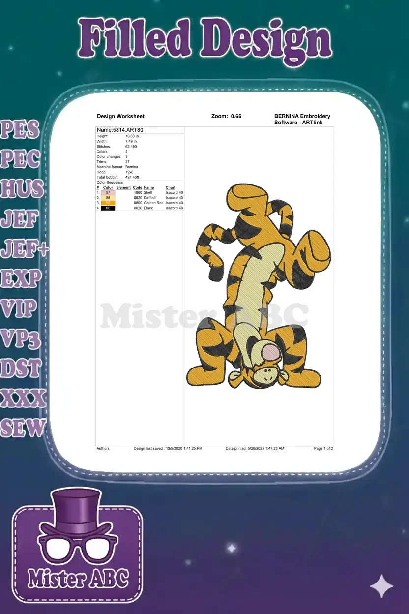 Embroidery design worksheet for Tigger, detailing stitch count, dimensions, colors, and machine info.