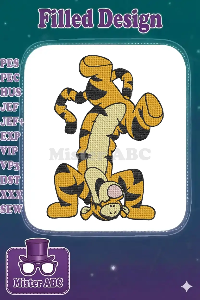 Vibrant embroidery design featuring Tigger from Winnie the Pooh, playfully bouncing upside down.