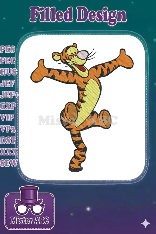 Vibrant Tigger embroidery design, featuring the beloved character in a dynamic, joyful pose with arms wide open.