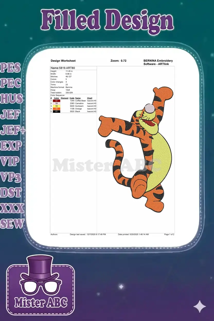 Embroidery design worksheet for Tigger, detailing dimensions, stitch count, color sequence, and machine format.