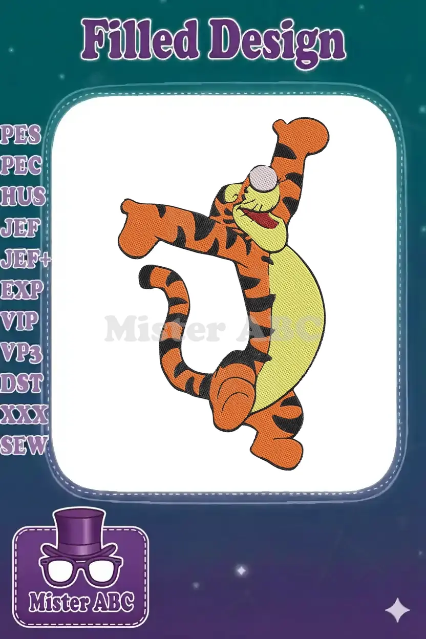 Dynamic Tigger embroidery design, featuring his iconic orange and black stripes with a cheerful, leaping pose.