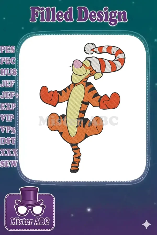 A vibrant embroidery design of Tigger from Winnie the Pooh, playfully bouncing while wearing a striped candy cane hat.
