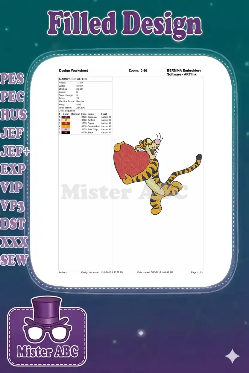 Detailed embroidery design worksheet for Tigger, showing dimensions, stitch count, color sequence, and machine info.