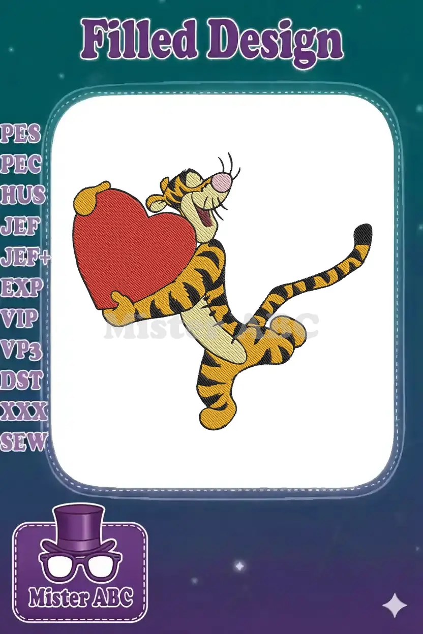 A cheerful Tigger from Winnie the Pooh, rendered in detailed embroidery, happily presents a large, bright red heart.