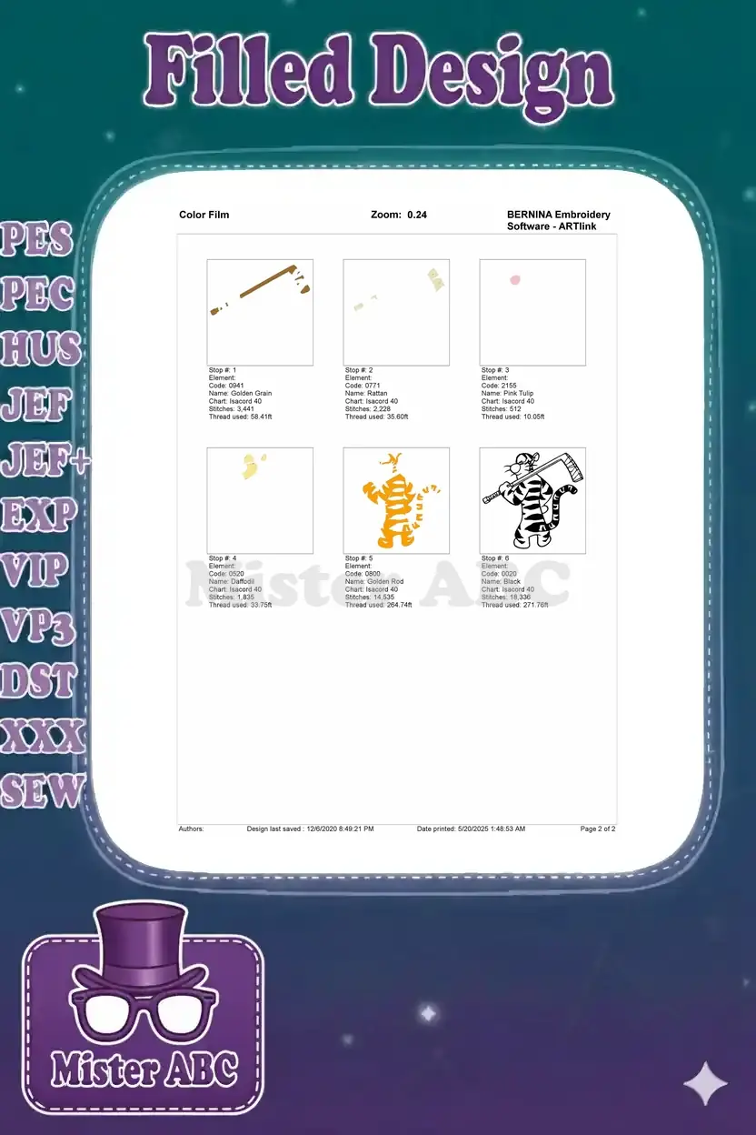 Color film sequence for Tigger hockey embroidery, showing stitch order and individual color details.