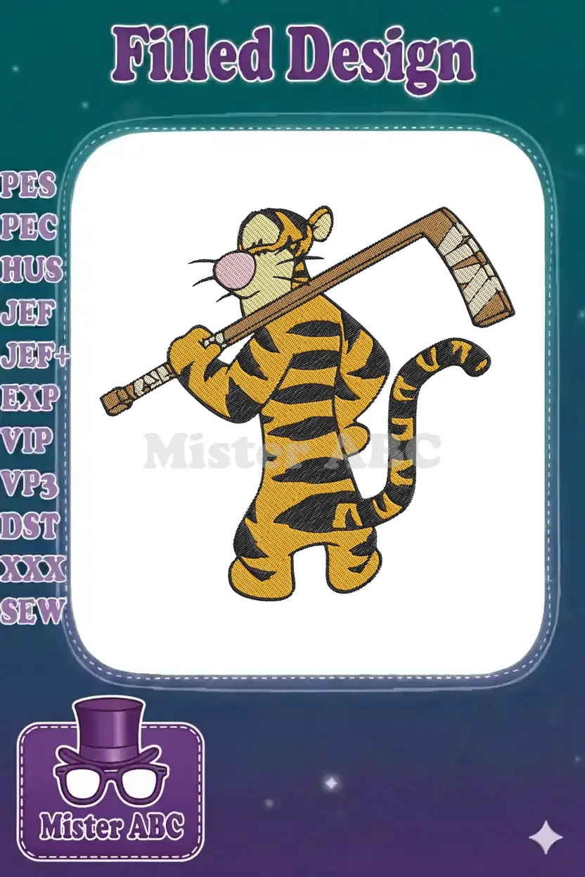 Vibrant Tigger embroidery design, holding a hockey stick, featuring orange, black, and pink colors.