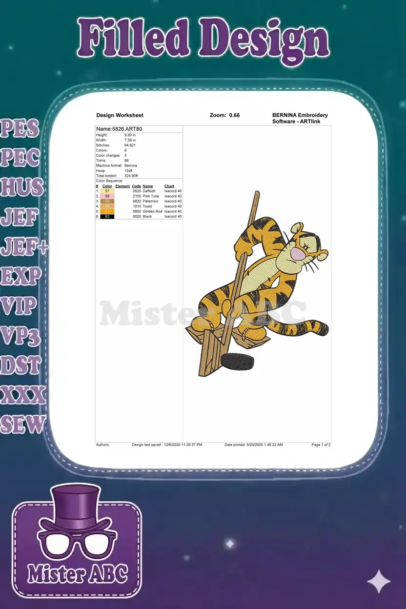 Detailed embroidery design worksheet showing Tigger playing hockey, with dimensions, stitch count, and color chart.