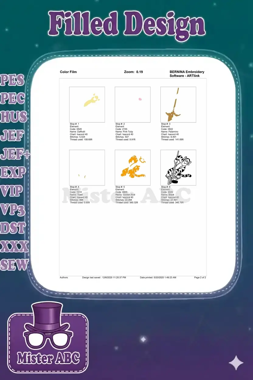 Embroidery color film breakdown showing stitch order and thread usage for Tigger hockey design.