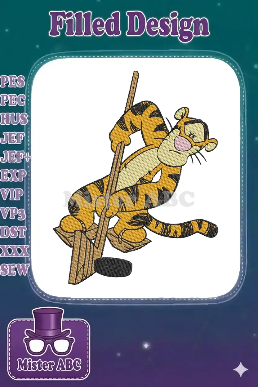 Vibrant Tigger embroidery design featuring the beloved character playing hockey with a stick and puck, ready for fun.