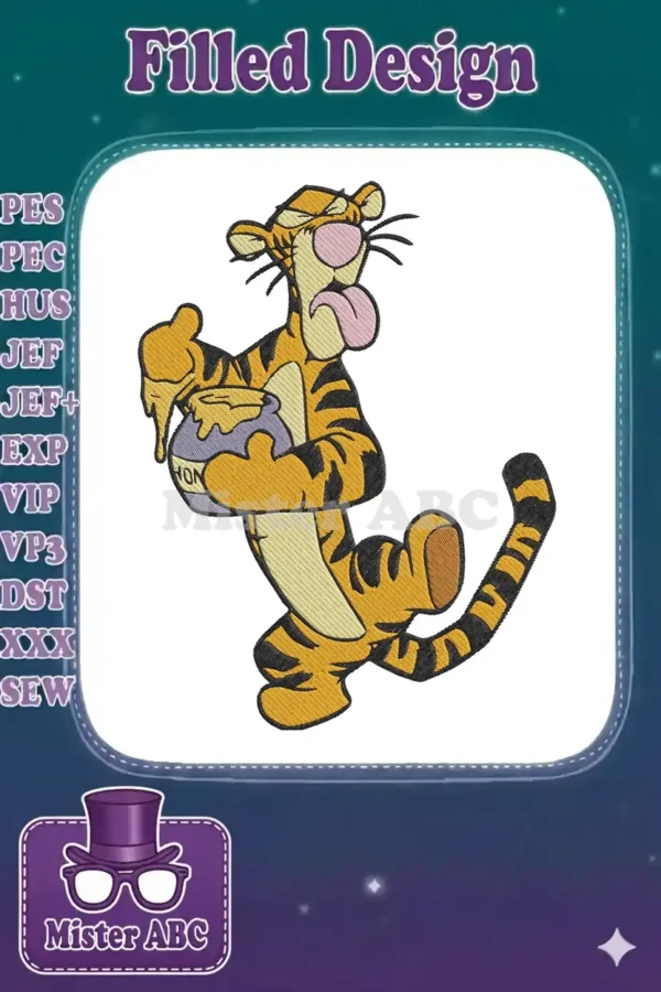 Vibrant embroidery of Tigger from Winnie the Pooh, happily holding a dripping honey pot, eyes closed in bliss.