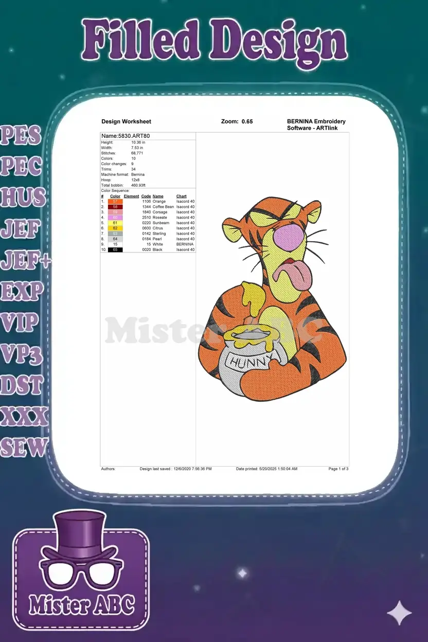 An embroidery design worksheet for Tigger, showing dimensions, stitch count, color sequence, and thread details.