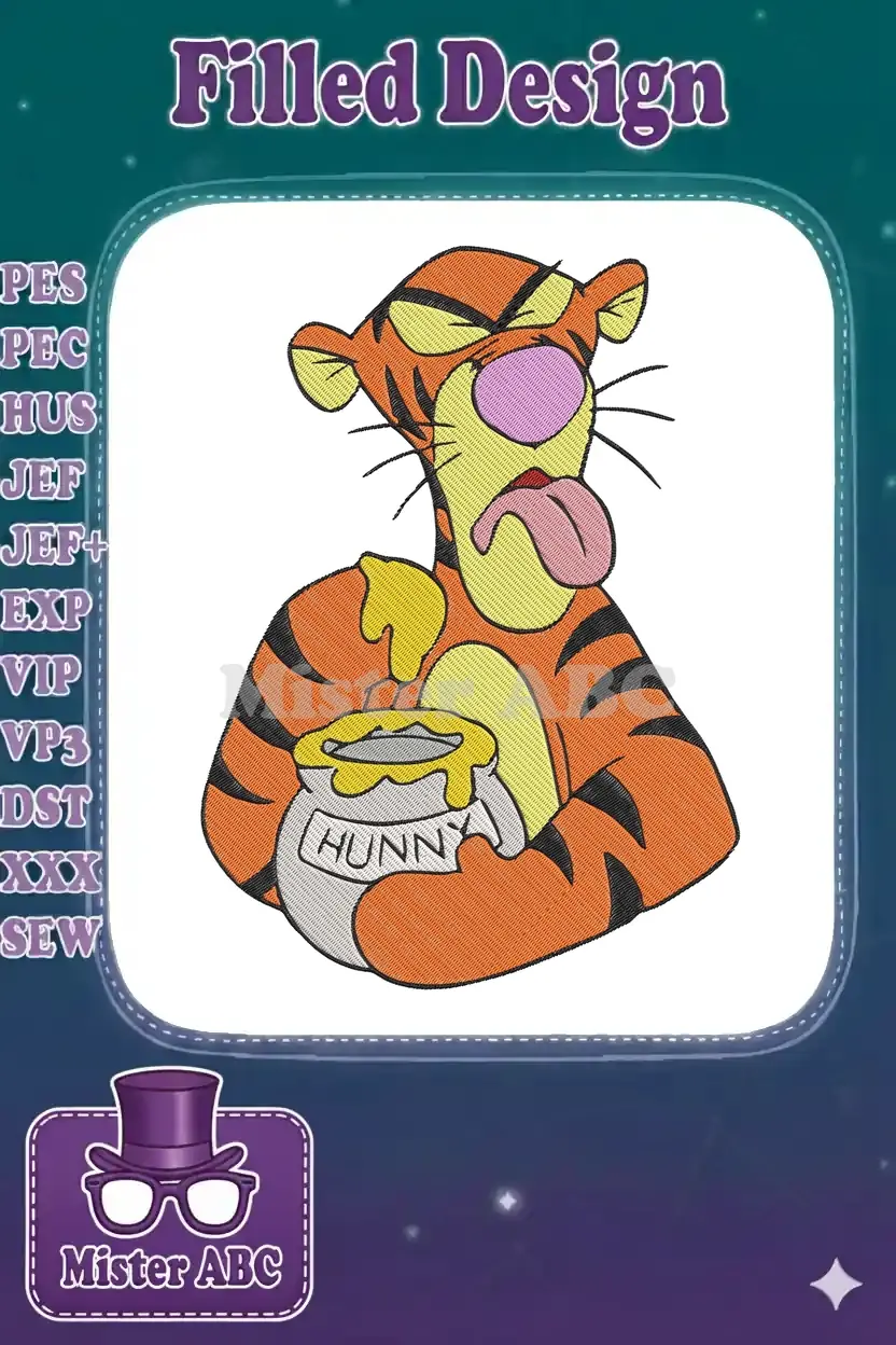 A colorful embroidery design of Tigger from Winnie the Pooh, looking tired with tongue out, holding a honey pot.