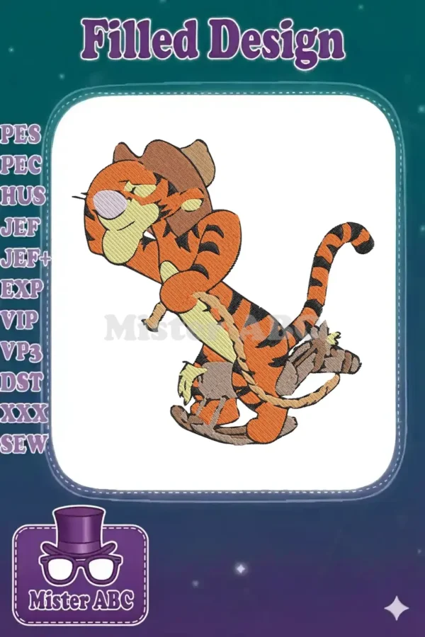 Tigger, from Winnie the Pooh, dressed as a jaunty cowboy, riding a stick horse. Vibrant, playful, and detailed.