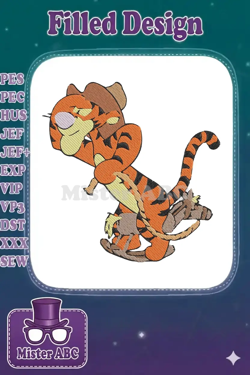 Tigger, from Winnie the Pooh, dressed as a jaunty cowboy, riding a stick horse. Vibrant, playful, and detailed.