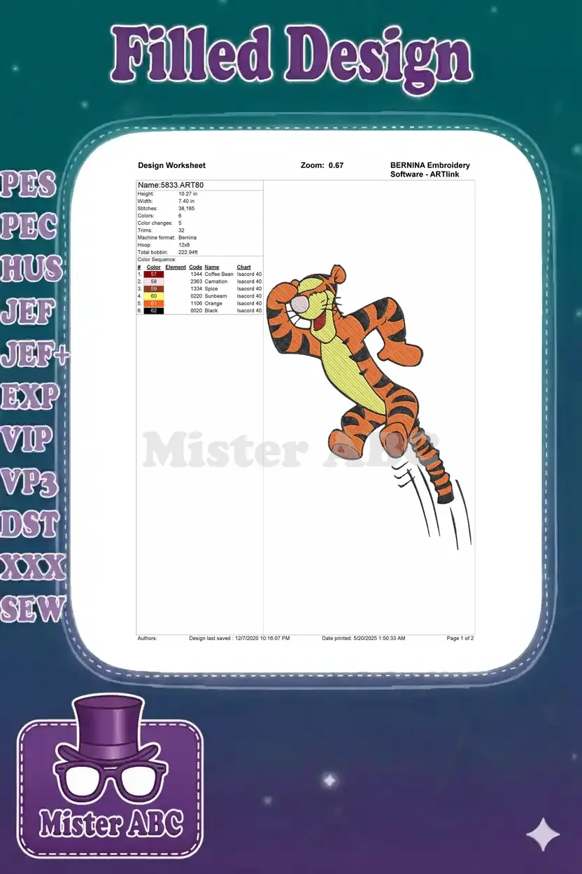 Embroidery design worksheet for Tigger, displaying dimensions, stitch count, color chart, and machine details.