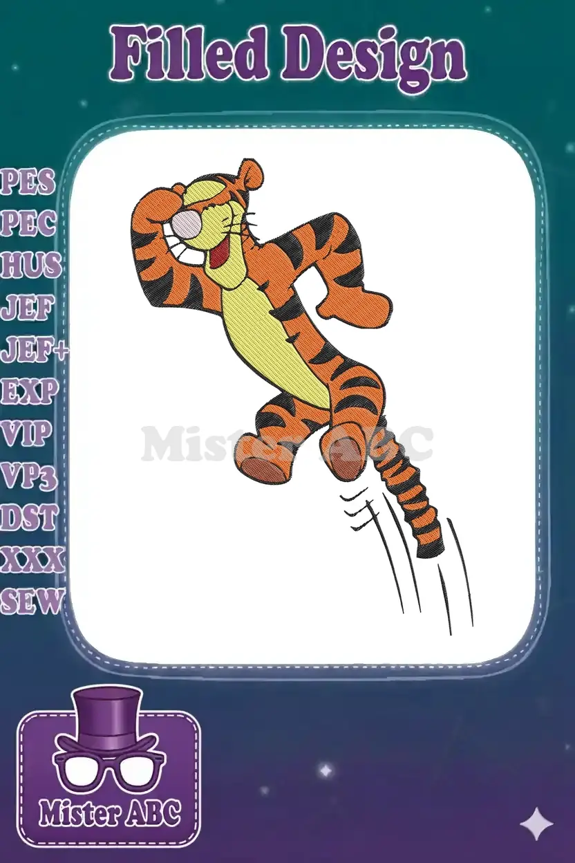 Vibrant Tigger embroidery design, showing the character bouncing joyfully with a wide smile and striped tail.