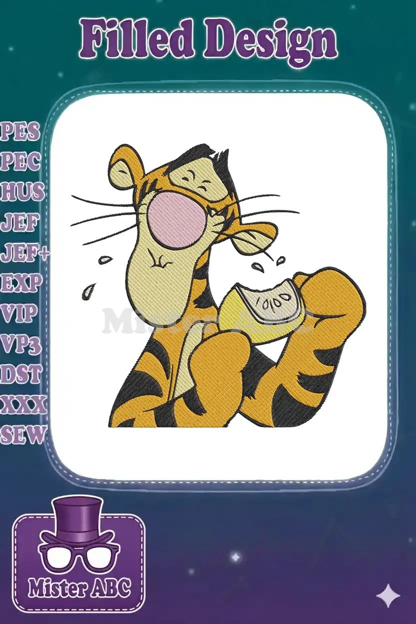 Close-up embroidery design of Tigger from Winnie the Pooh making a funny face while sucking on a lemon.