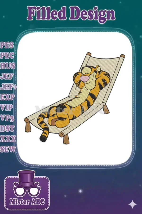 Tigger from Winnie the Pooh, an iconic character, relaxing on a striped beach chair with arms behind his head.