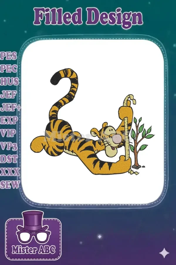 A vibrant machine embroidery design of Tigger from Winnie the Pooh, playfully measuring a small tree.