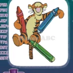 Playful Tigger holding red blue green crayons embroidery designs - Instant Download