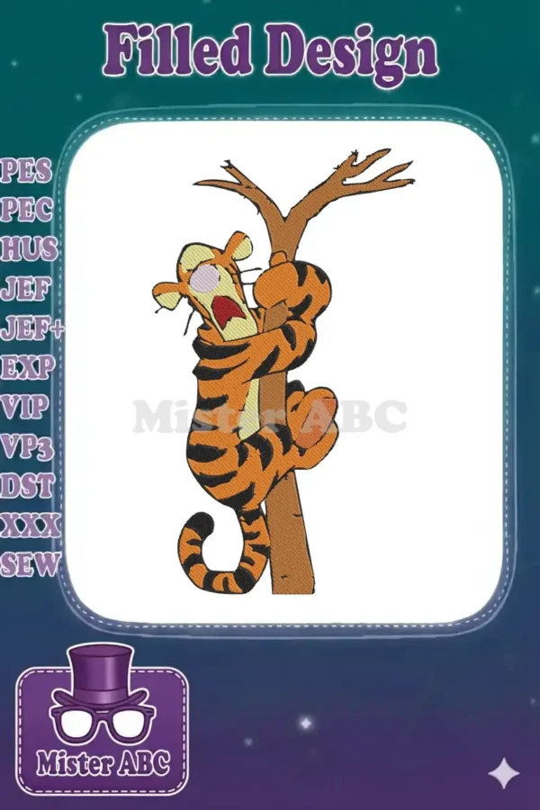 Tigger embroidery design, vibrantly stitched, showing the character comically clinging to a tree branch with a surprised expression.