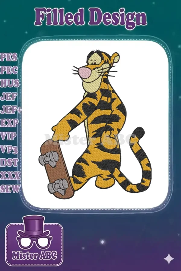 A lively machine embroidery design featuring Tigger from Winnie the Pooh, confidently riding a brown skateboard.
