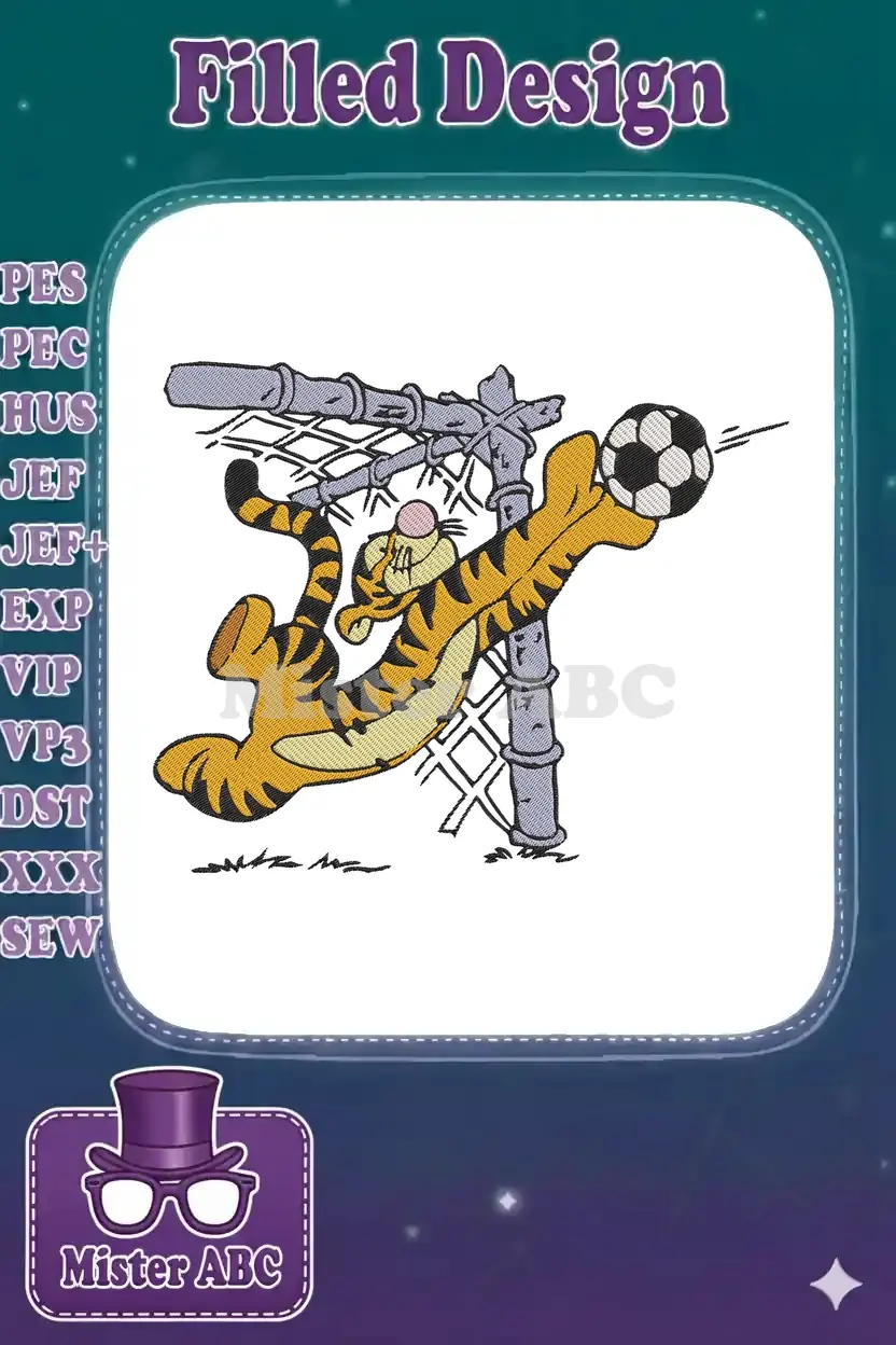 Tigger from Winnie the Pooh performing an acrobatic bicycle kick, scoring a goal in a playful embroidery design.