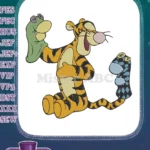 Playful Tigger holding green sock puppet with checkered tail embroidery designs - Instant Download