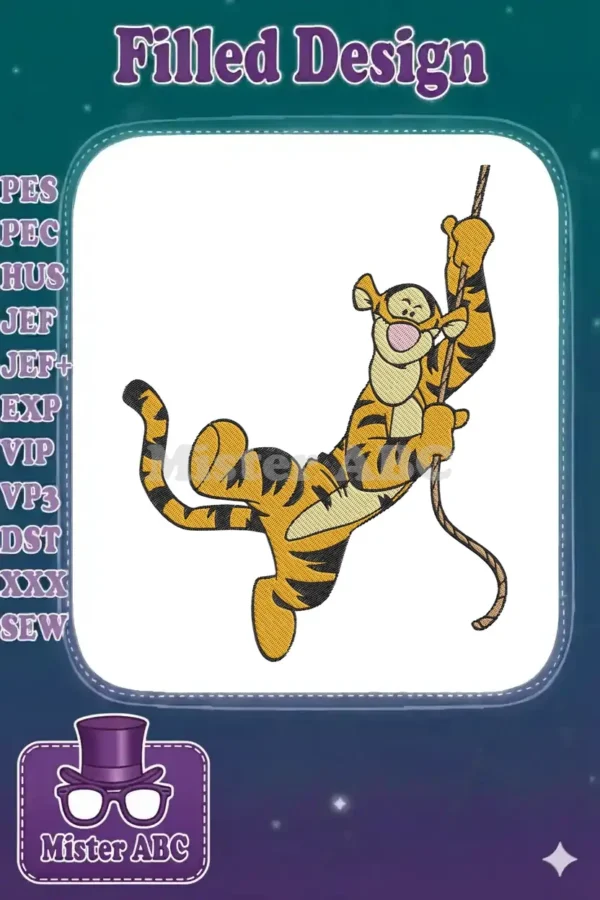 A delightful embroidery of Tigger, the energetic tiger from Winnie the Pooh, swinging joyfully on a rope.