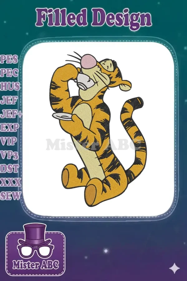 Embroidered Tigger design from Winnie the Pooh, holding a teacup and saucer, featuring vibrant orange and black stripes.