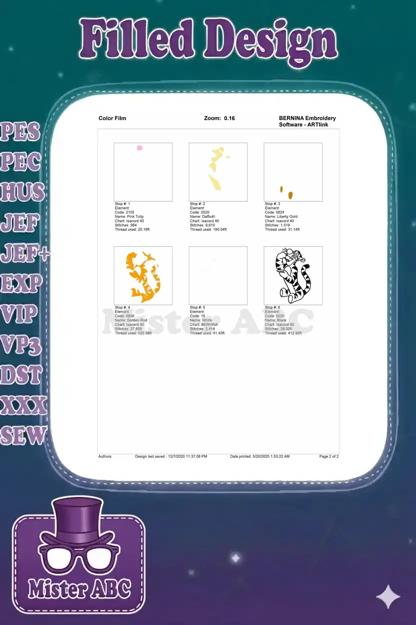 Color film breakdown for Tigger embroidery, showing individual stitch stops and thread usage for each color.
