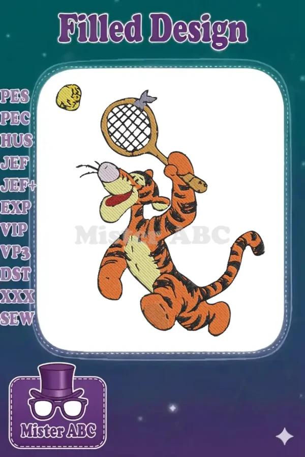 Tigger from Winnie the Pooh joyfully playing tennis, mid-air with a racket and ball, in a vibrant embroidery design.