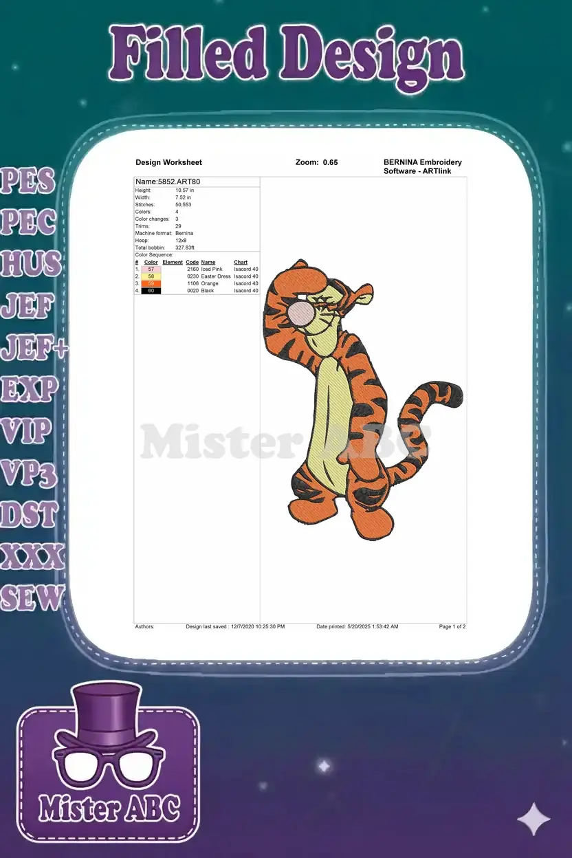 Detailed embroidery design worksheet for Tigger, outlining dimensions, stitch count, and a precise color chart.
