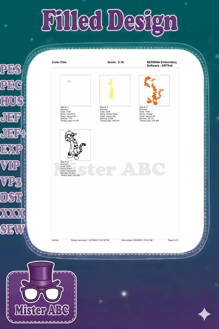 Tigger embroidery color film breakdown, illustrating each color stop, stitch count, and thread usage for production.