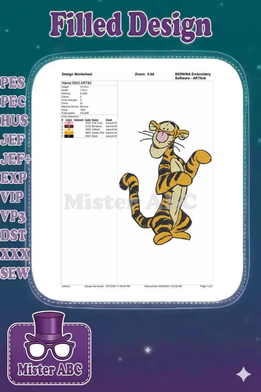 Embroidery design worksheet for Tigger, showing dimensions, stitch count, color sequence, and machine formats.