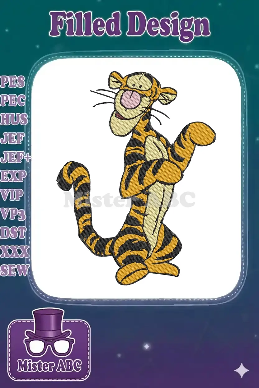 Vibrant embroidery design of Tigger, the energetic tiger from Winnie the Pooh, standing playfully on a white background.