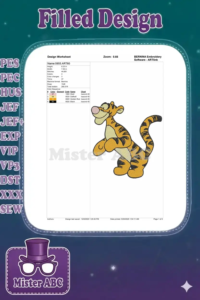 Detailed embroidery worksheet for Tigger design 5855, showing dimensions, stitch count, and color sequence.