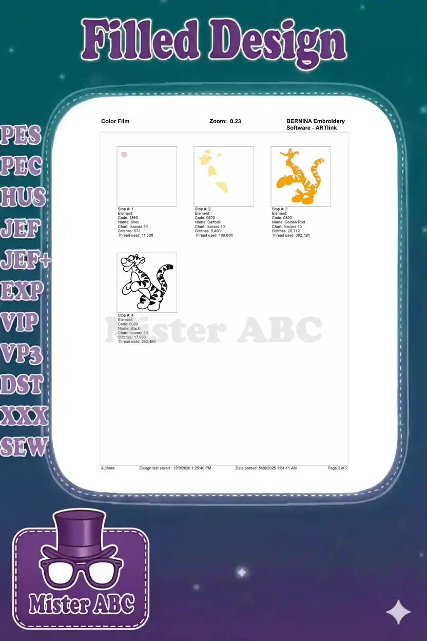 Color film breakdown for Tigger embroidery, illustrating the precise stitching order for each thread color.