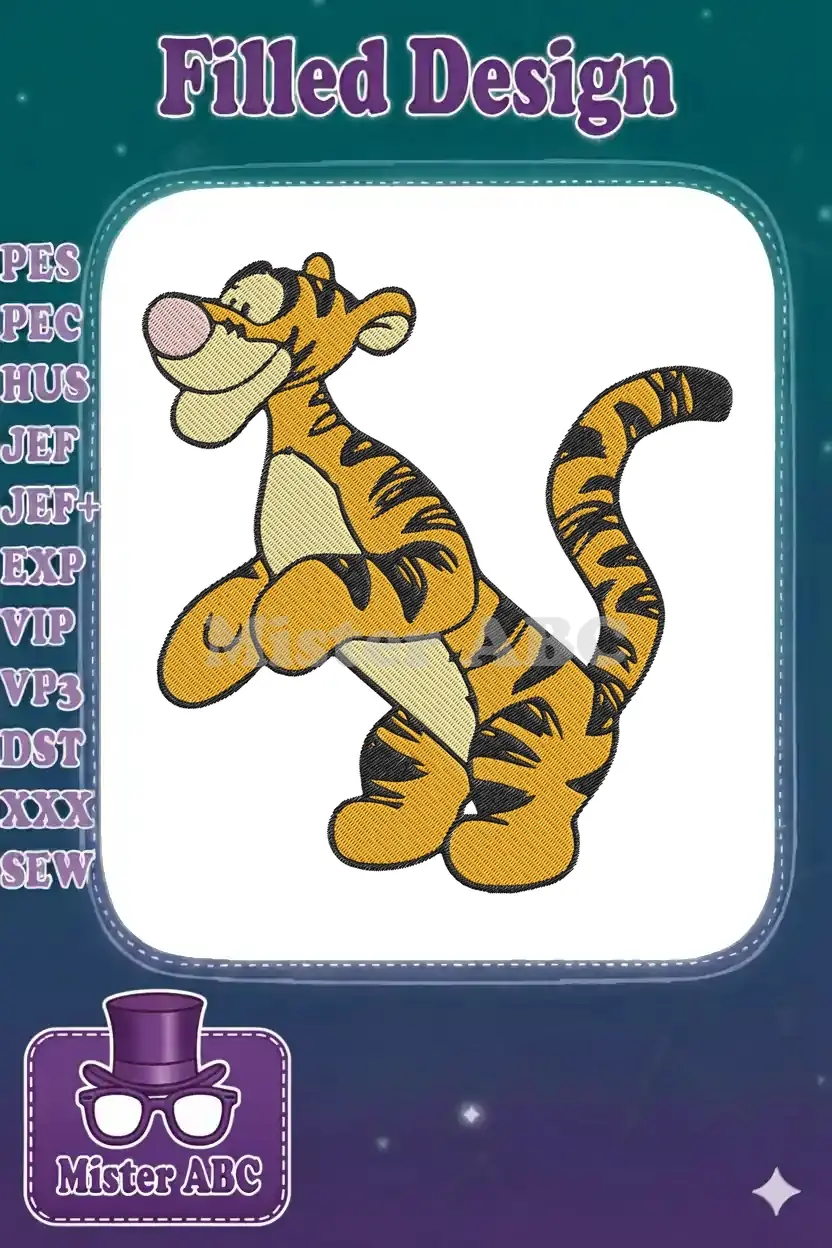 A vibrant embroidery of Tigger from Winnie the Pooh, captured in a dynamic, bouncing pose with black stripes.