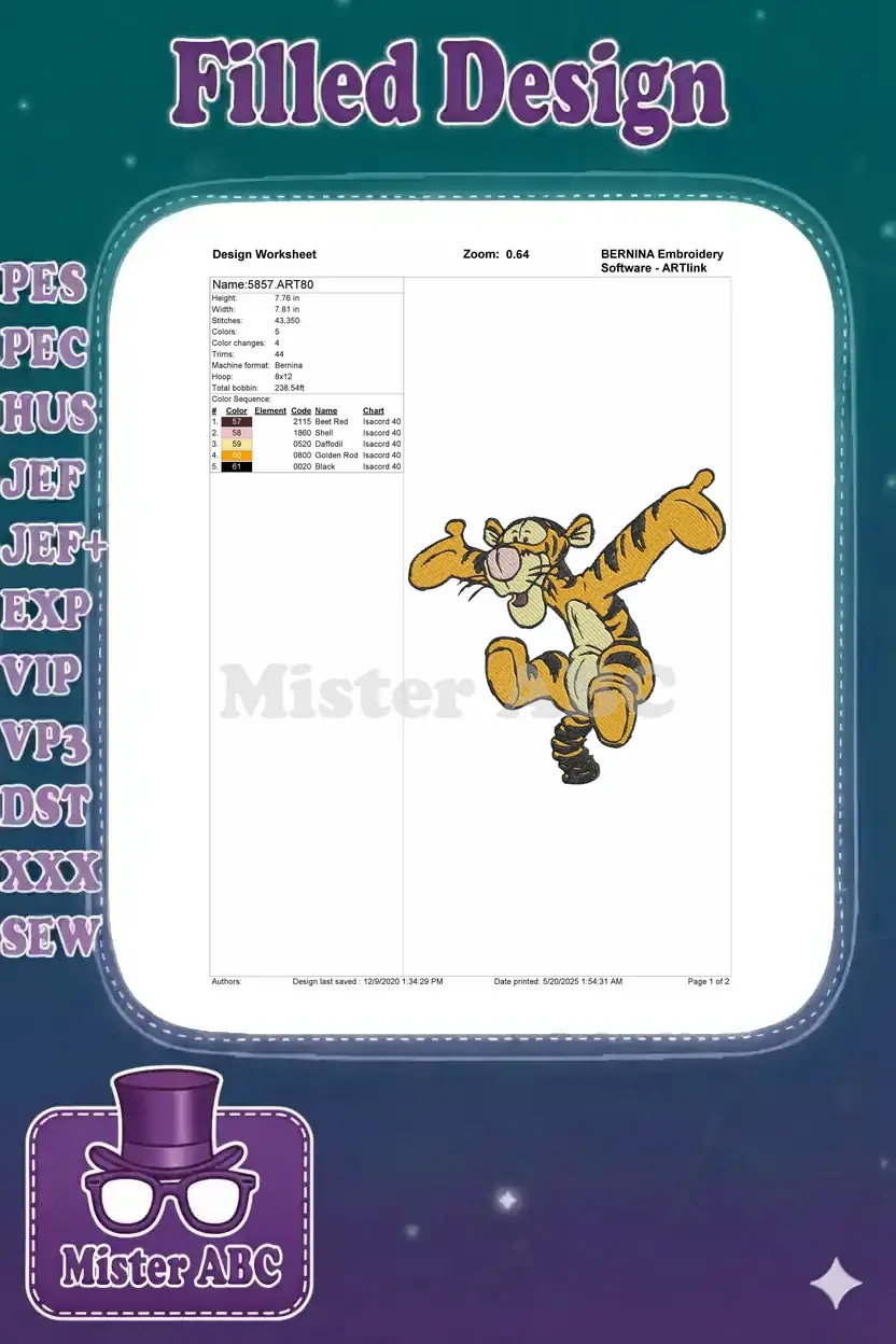 Embroidery design worksheet for Tigger, detailing dimensions, stitch count, color sequence, and machine info.