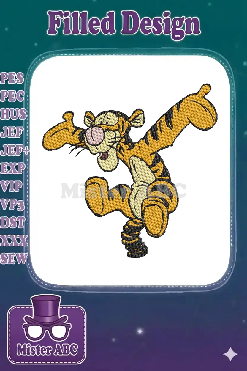 Energetic Tigger machine embroidery design, featuring the beloved character mid-bounce with vibrant colors.