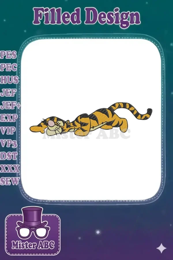 Vibrant embroidered Tigger design in a playful pouncing pose, featuring orange, black, and yellow fill stitches.