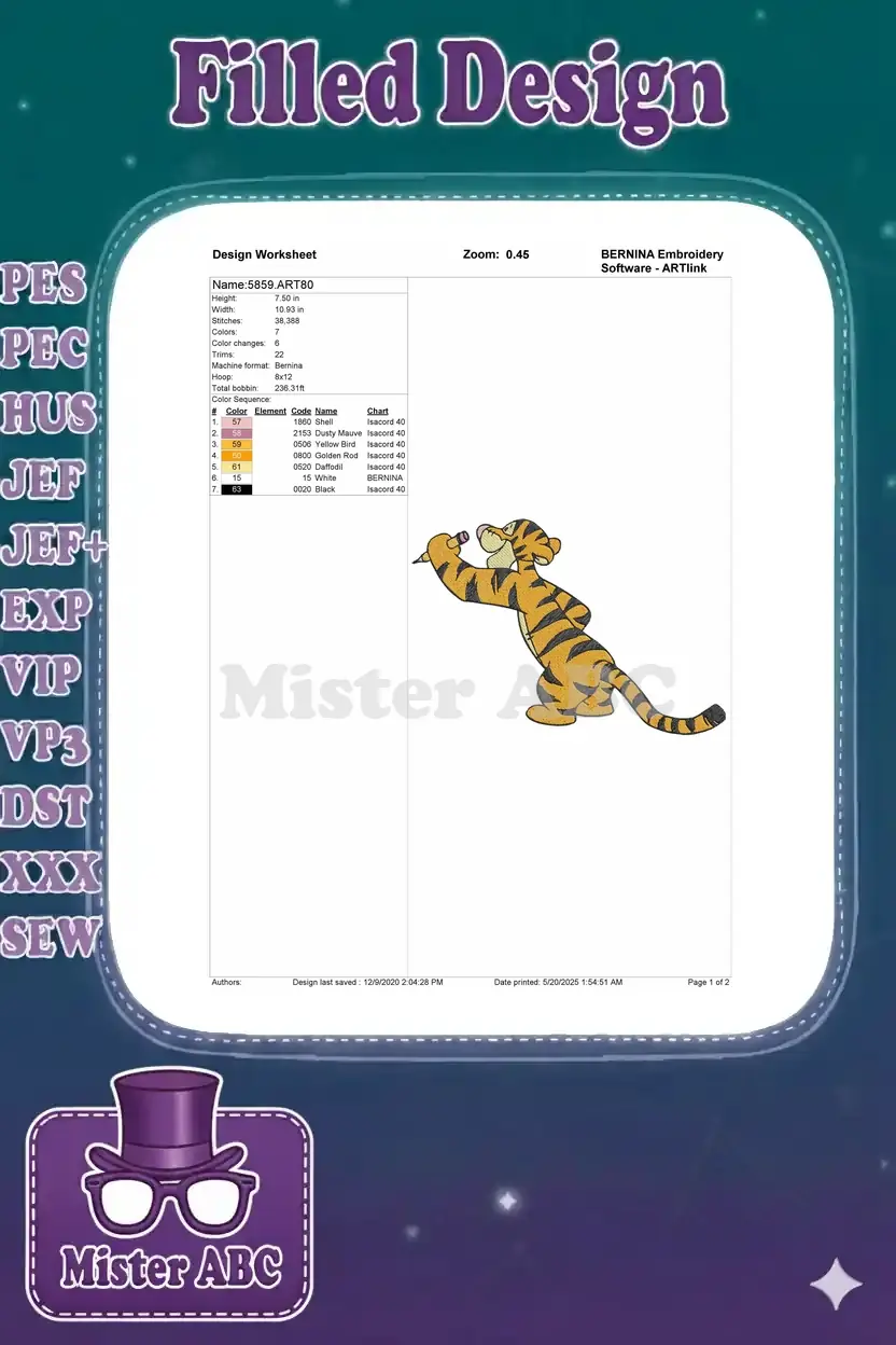 An embroidery design worksheet for Tigger, detailing dimensions, stitch count, color changes, and thread codes.