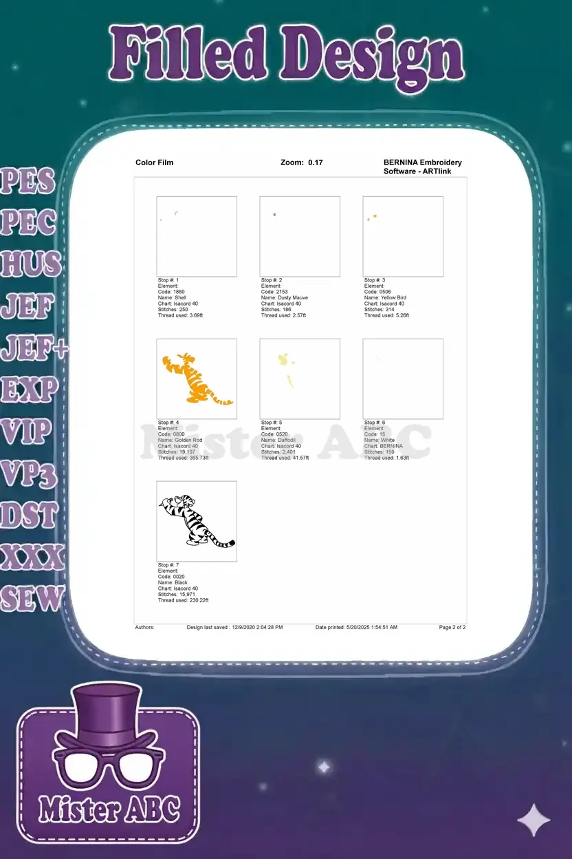A color film breakdown for the Tigger embroidery design, showing each individual color layer and stitch sequence.