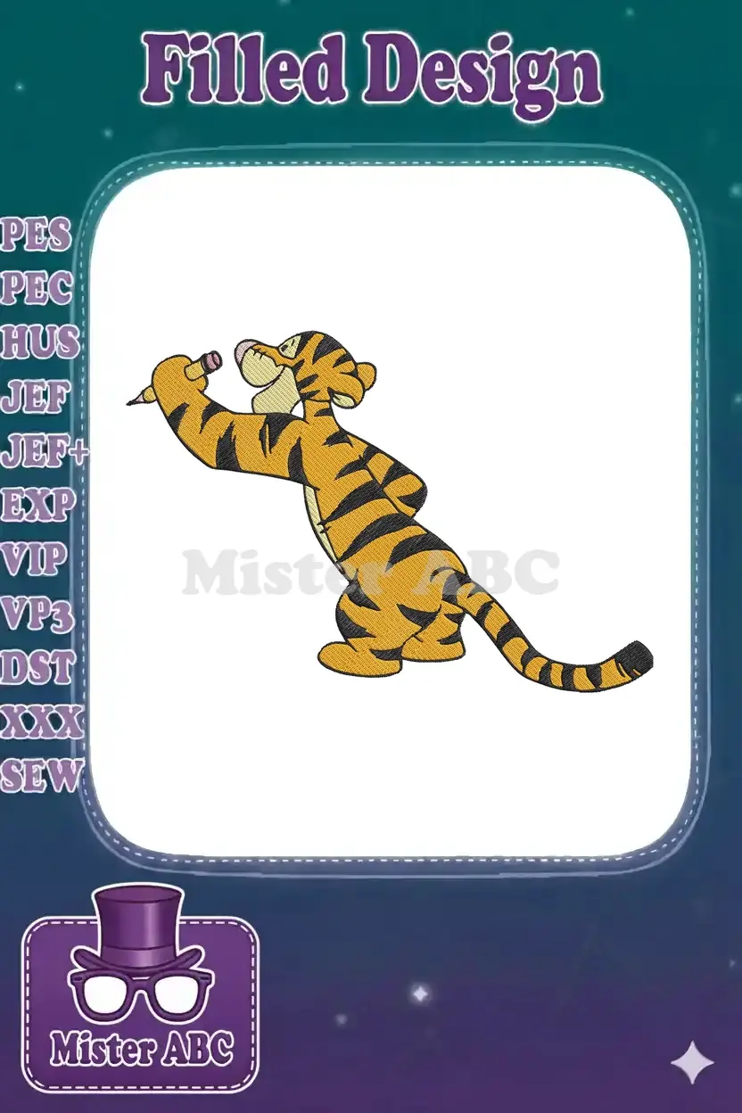 A vibrant embroidery design of Tigger from Winnie the Pooh, standing playfully with one paw raised, ready to bounce.