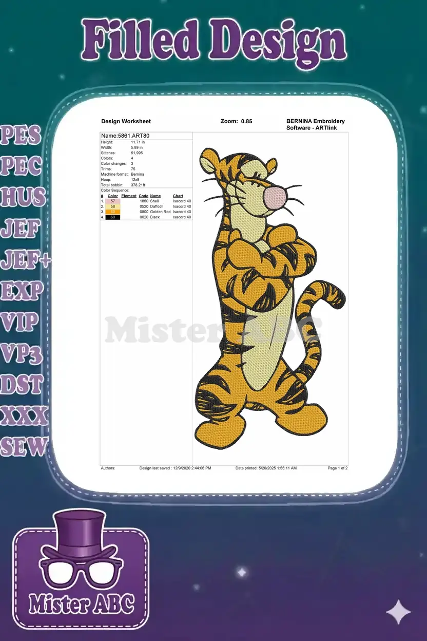 Embroidery design worksheet for Tigger, detailing dimensions, stitch count, color sequence, and thread types.