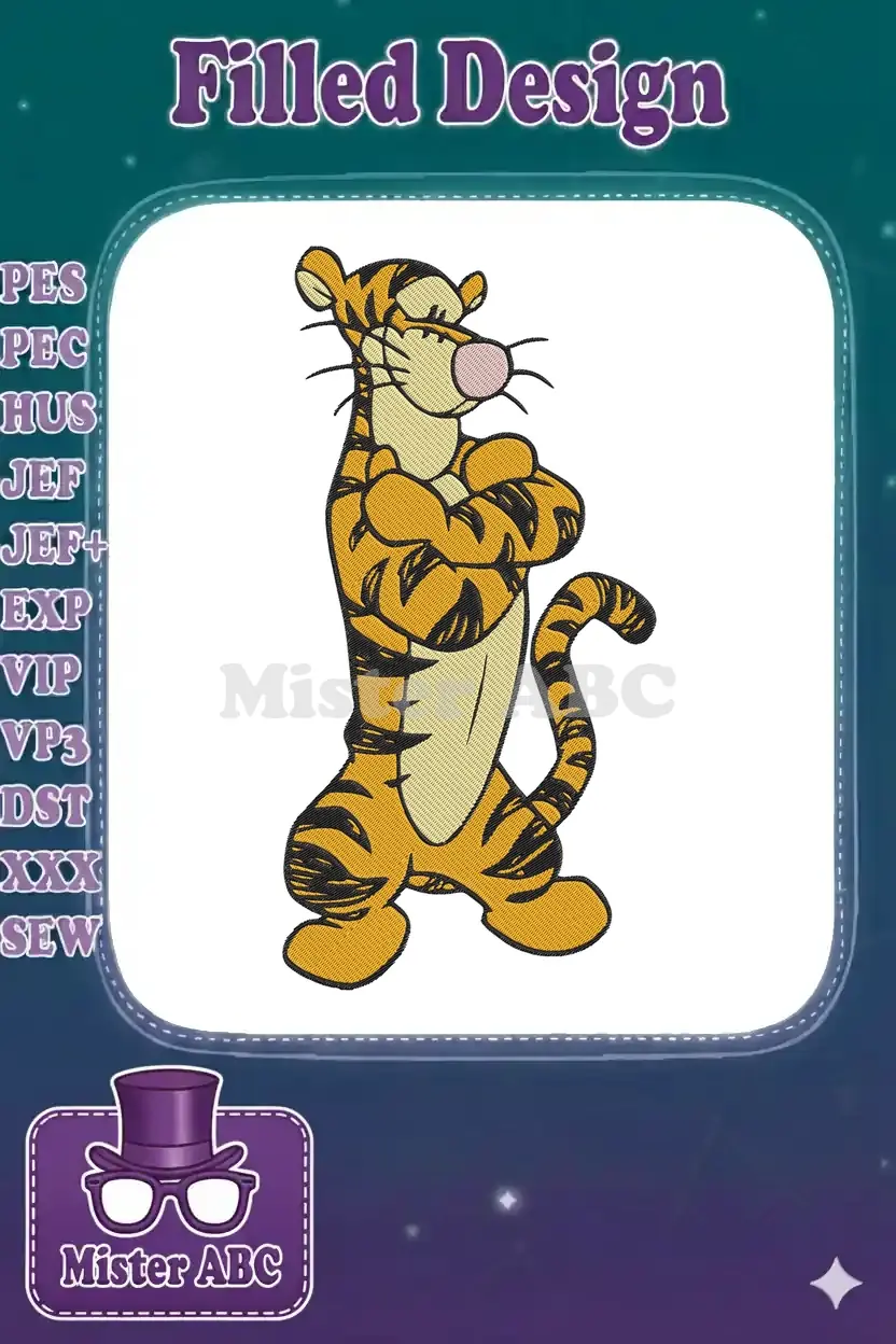 A full-body embroidery design of Tigger from Winnie the Pooh, standing confidently with arms crossed.